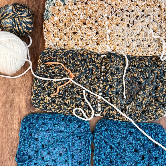 Blue Tan Crochet Quilt Fiber Yarn and Square Starter Lot - Picture 8 of 16